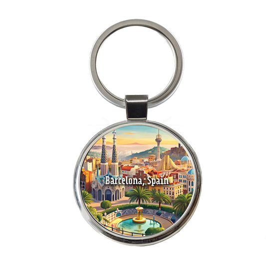 Barcelona, Spain Travel City Country Stamp Round Metal Keychain