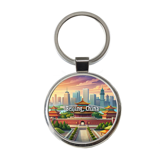 Beijing, China Travel City Country Stamp Round Metal Keychain