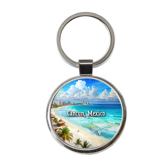 Cancun, Mexico Travel City Country Stamp Round Metal Keychain
