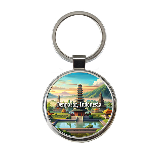 Denpasar, Indonesia Travel City Country Stamp Round Metal Keychain