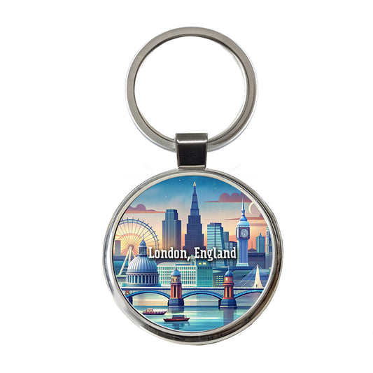 London, England Travel City Country Stamp Round Metal Keychain