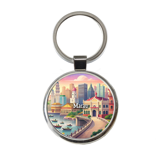 Macau Travel City Country Stamp Round Metal Keychain