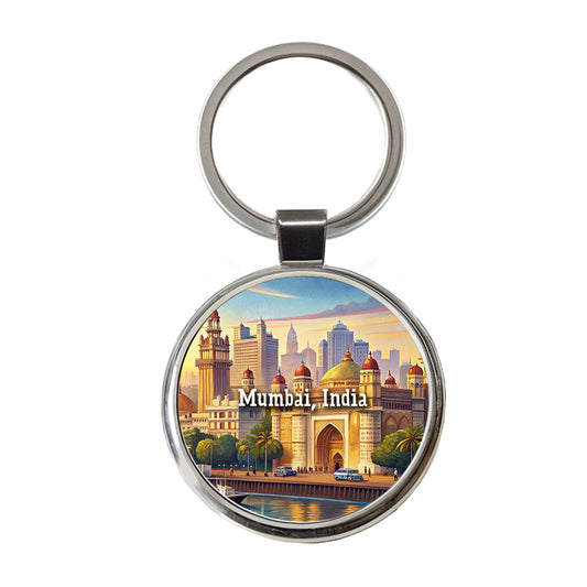 Mumbai, India Travel City Country Stamp Round Metal Keychain