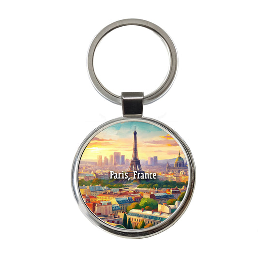 Paris, France Travel City Country Stamp Round Metal Keychain