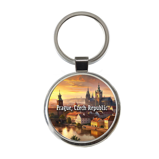 Prague, Czech Republic Travel City Country Stamp Round Metal Keychain