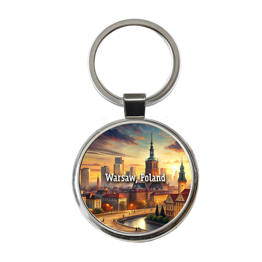 Warsaw, Poland Travel City Country Stamp Round Metal Keychain