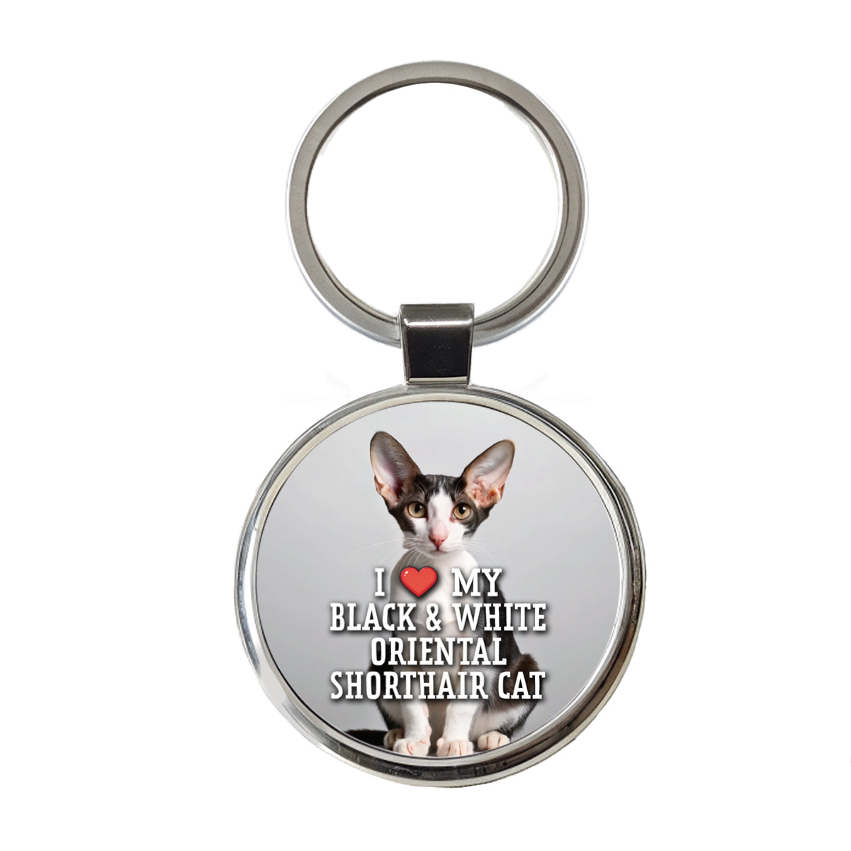 I Love My Black & White Oriental Shorthair Cat Heart Round Metal Keychain