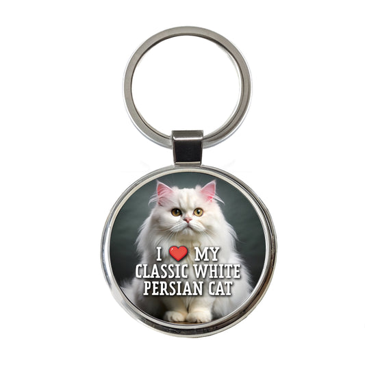 I Love My Classic White Persian Cat Heart Round Metal Keychain