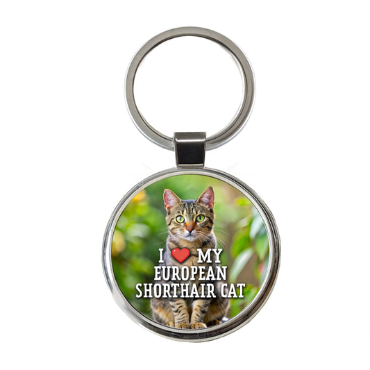 I Love My European Shorthair Cat Heart Round Metal Keychain