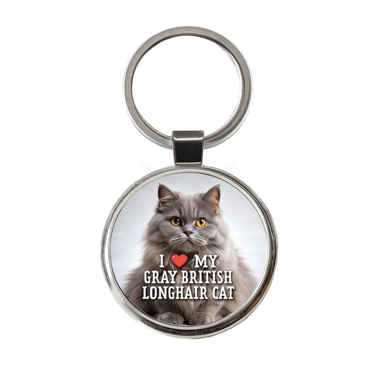I Love My Gray British Longhair Cat Heart Round Metal Keychain