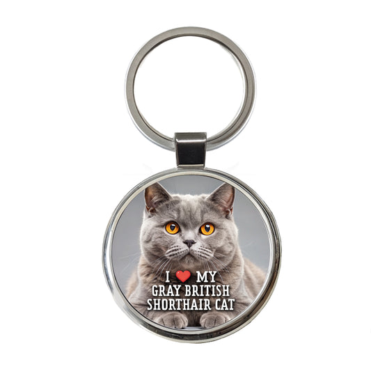 I Love My Gray British Shorthair Cat Heart Round Metal Keychain