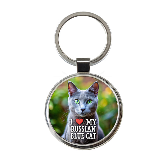 I Love My Russian Blue Cat Heart Round Metal Keychain