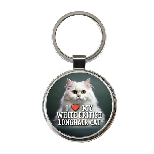 I Love My White British Longhair Cat Heart Round Metal Keychain
