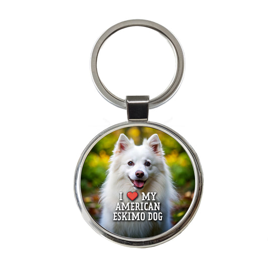 I Love My American Eskimo Dog Heart Round Metal Keychain