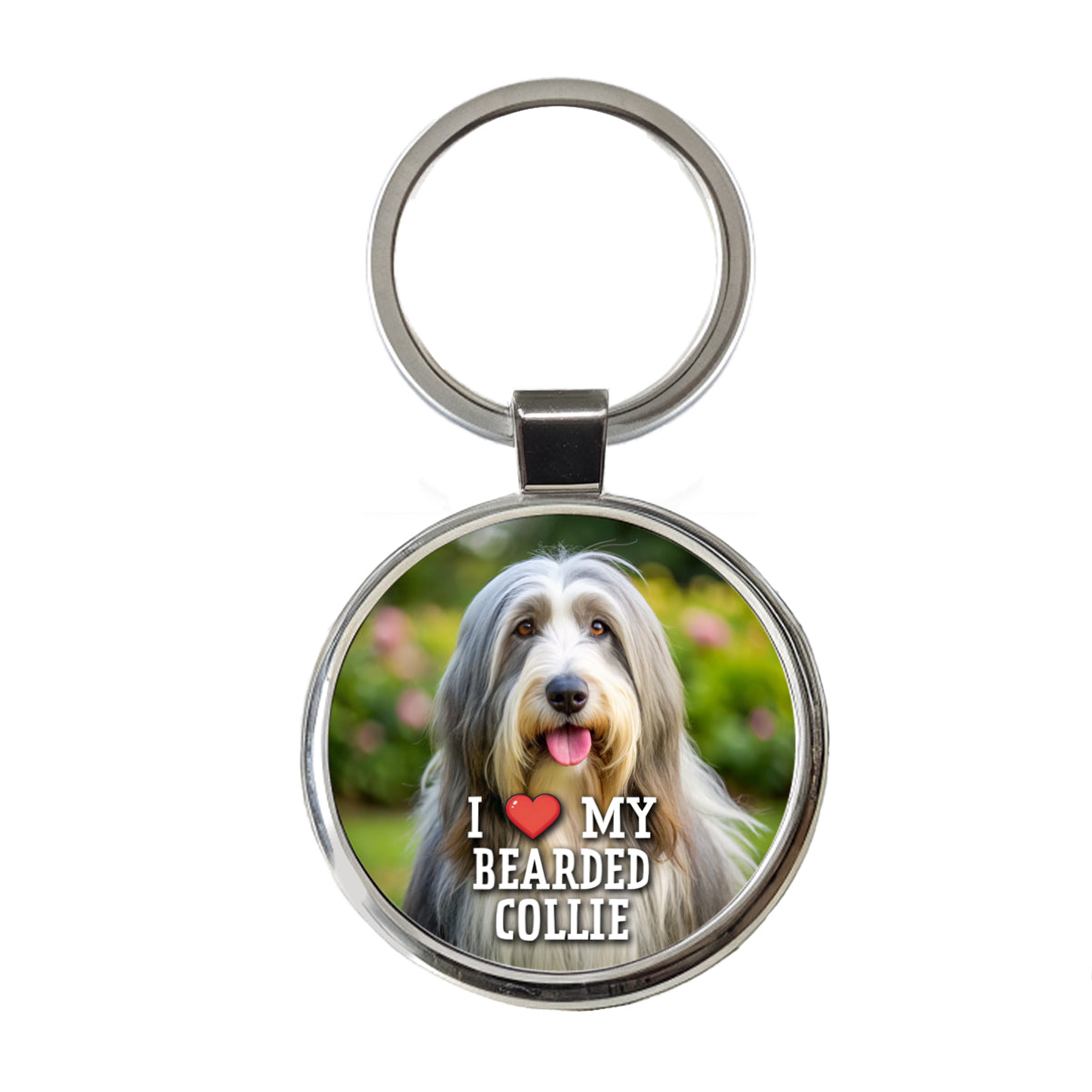 I Love My Bearded Collie Dog Heart Round Metal Keychain