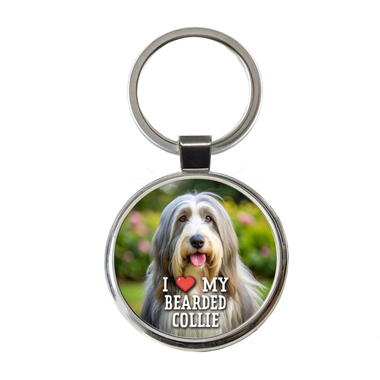 I Love My Bearded Collie Dog Heart Round Metal Keychain