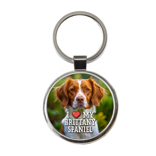 I Love My Brittany Spaniel Dog Heart Round Metal Keychain