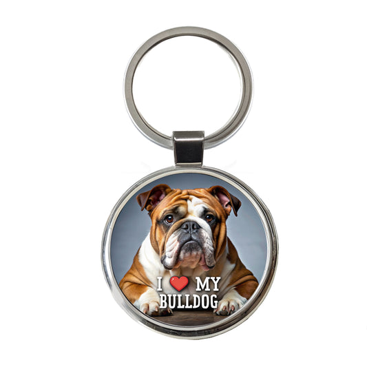 I Love My Bulldog Dog Heart Round Metal Keychain
