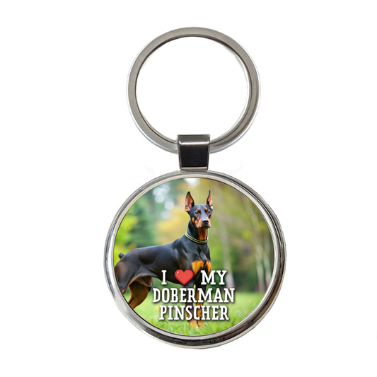 I Love My Doberman Pinscher Dog Heart Round Metal Keychain