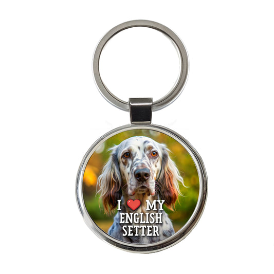I Love My English Setter Dog Heart Round Metal Keychain
