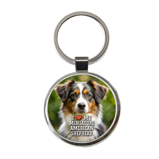 I Love My Miniature American Shepherd Dog Heart Round Metal Keychain