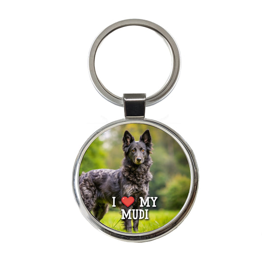 I Love My Mudi Dog Heart Round Metal Keychain
