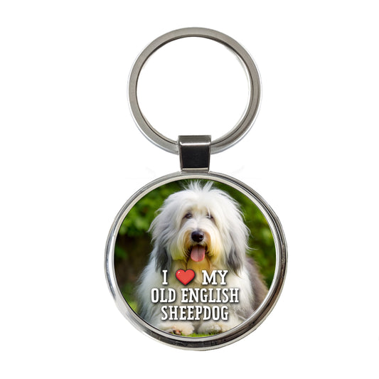 I Love My Old English Sheepdog Dog Heart Round Metal Keychain