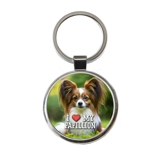 I Love My Papillion Dog Heart Round Metal Keychain