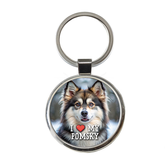 I Love My Pomsky Dog Heart Round Metal Keychain