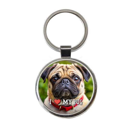 I Love My Pug Dog Heart Round Metal Keychain
