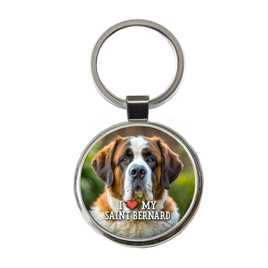 I Love My Saint Bernard Dog Heart Round Metal Keychain