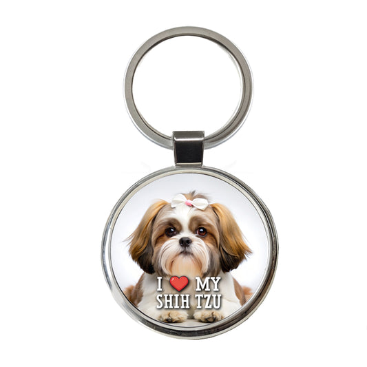 I Love My Shih Tzu Dog Heart Round Metal Keychain