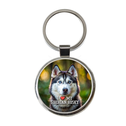 I Love My Siberian Husky Dog Heart Round Metal Keychain