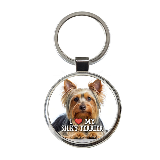 I Love My Silky Terrier Dog Heart Round Metal Keychain