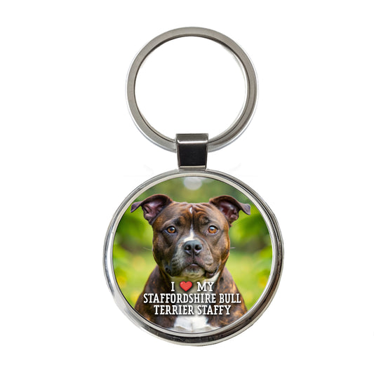I Love My Staffordshire Bull Terrier Staffy Dog Heart Round Metal Keychain
