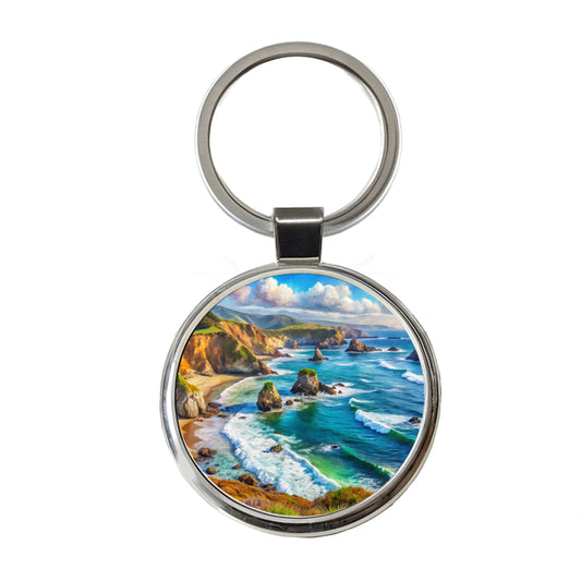 California Coastal National Monument California Watercolor Style Round Metal Keychain