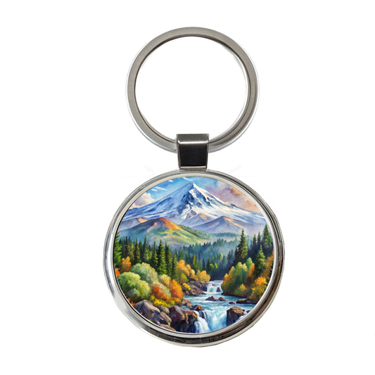 Cascade - Siskiyou National Monument California, Oregon Watercolor Style Round Metal Keychain