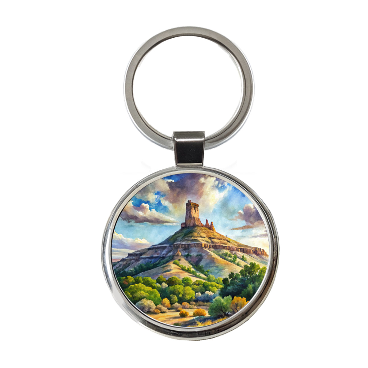 Chimney Rock National Monument Colorado Watercolor Style Round Metal Keychain
