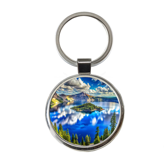 Crater Lake National Park Oregon Watercolor Style Round Metal Keychain
