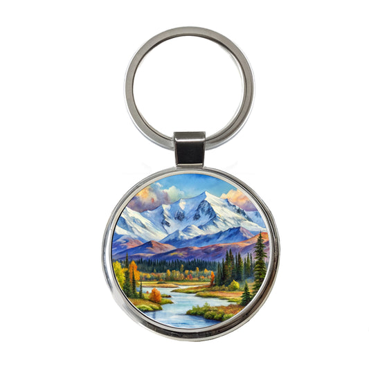 Denali National Park Alaska Watercolor Style Round Metal Keychain