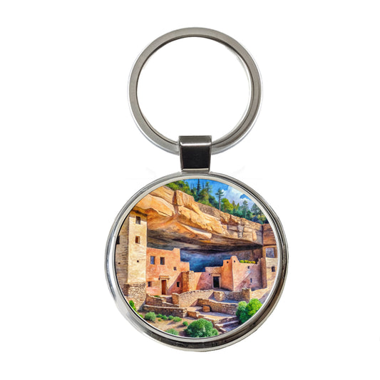 Gila Cliff Dwellings National Monument New Mexico Watercolor Style Round Metal Keychain