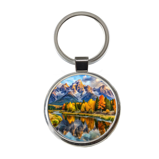Grand Teton National Park Wyoming Watercolor Style Round Metal Keychain