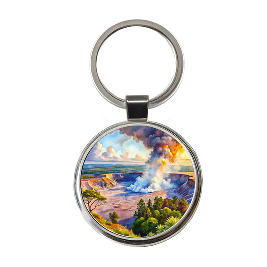 Hawai'i Volcanoes National Park Watercolor Style Round Metal Keychain