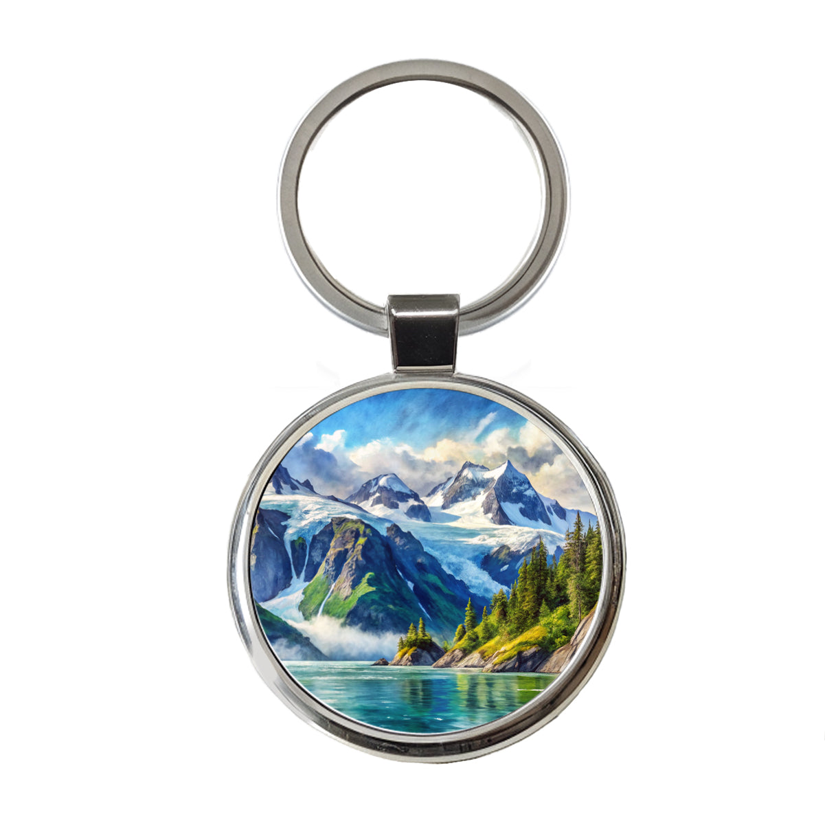 Kenai Fjords National Park Alaska Watercolor Style Round Metal Keychain