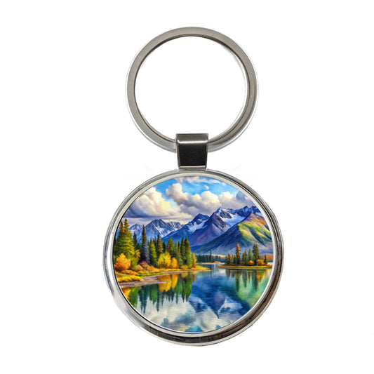Lake Clark National Park Alaska Watercolor Style Round Metal Keychain
