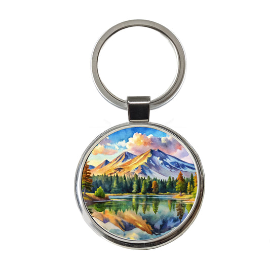 Lassen Volcanic National Park California Watercolor Style Round Metal Keychain