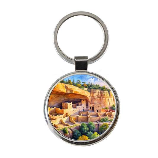 Mesa Verde National Park Colorado Watercolor Style Round Metal Keychain