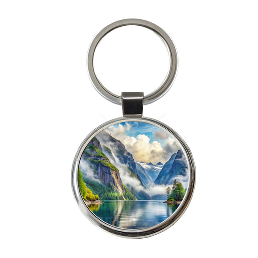 Misty Fjords National Monument Alaska Watercolor Style Round Metal Keychain
