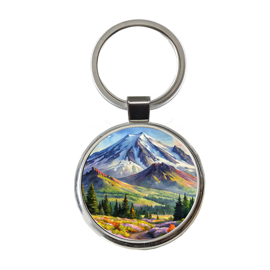 Mount St. Helens Volcanic National Monument Washington Watercolor Style Round Metal Keychain