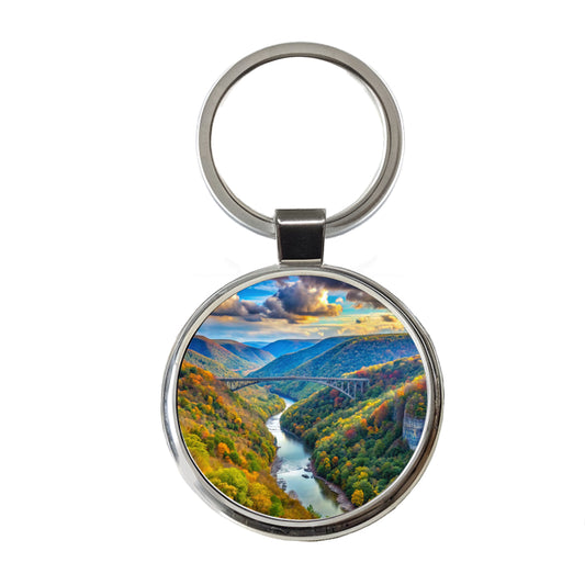 New River Gorge National Park and Preserve West Virginia Watercolor Style Round Metal Keychain